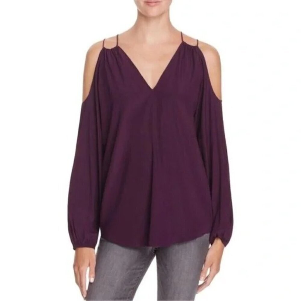 Ramy Brook Gigi Purple Stretch Silk V Neck Long Sleeve Strappy Tunic Blouse LG